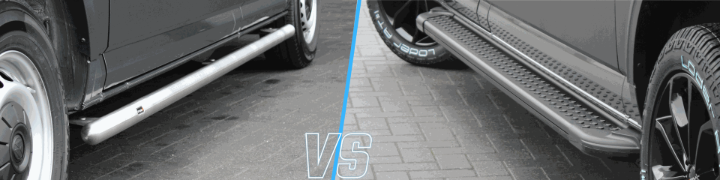 Vergelijking tussen sidebar en treeplank op bestelwagen met verschil in bescherming en gebruik